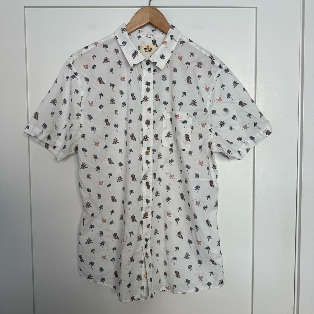 Marine Layer Shirt Mens M / L White Trippy Mushroom Print Short Sleeve Vacation